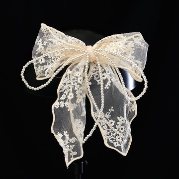 新娘頭飾蕾絲珍珠飄帶蝴蝶結發夾女后腦勺年新款網紅女神發飾