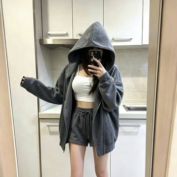 ｜預購｜休閒甜酷｜大翻領雙拉鏈連帽外套＋細肩罩杯背心＋短褲三件式套裝