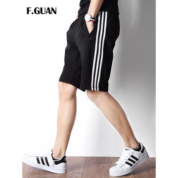 三條杠運動褲短褲男夏薄款學生中褲棉料沙灘褲寬松休閑條紋五分褲