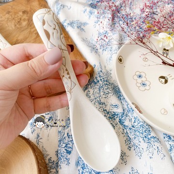 進口招財貓陶瓷可愛小清新貓咪釉下彩家用餐具餐勺飯勺