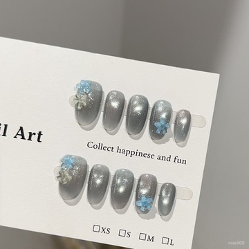 ➕最新設計款穿戴甲💅純手工穿戴甲片高級感銀灰色貓眼短款美甲片立體小花朵假指甲貼片短橢圓穿戴甲 C8QT