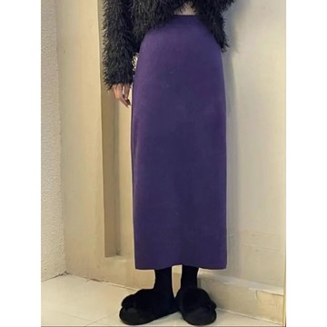 🌟臺灣出貨🌟 裙子 長裙 秋冬長裙 秋冬季女裝高級感復古香芋紫色半身裙御姐風百搭鬆緊腰開叉中長裙
