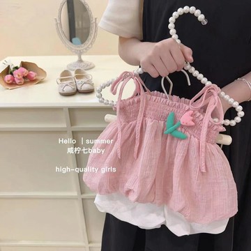 🍭臺灣出貨🍭女童夏裝兩件套2025新款中小童吊帶上衣洋氣雪紡衫女寶寶短褲套裝