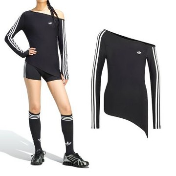 Adidas Asymetric Top 女款 黑色 三葉草 緊身 斜肩 單肩 休閒 長袖 LE8310