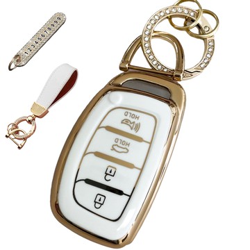 AB 現代相容汽車高級TPU鑰匙套 + 號碼鑰匙圈 + 皮革掛繩  乳白色  AH-04