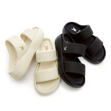 PLAYBOY 軟綿Q彈PLUS 寬帶雲朵厚底拖鞋-米/黑(PY1109)