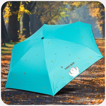 雙龍呆呆熊超輕迷你口袋傘降溫抗UV黑膠五折傘晴雨傘(蒂芬藍)