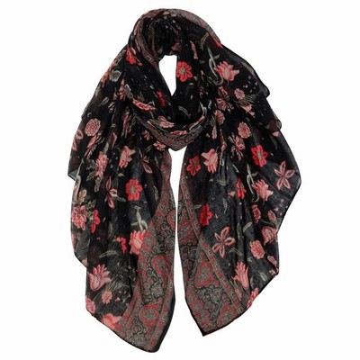 GERINLY Scarves for Women Bright Florals Fashion Head Scarf Cotton Wraps and Shawls Beautiful Oblong Pareo (Black Red)[並行輸入品]