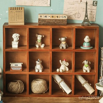 家具復古壁掛墻面收納架木質十二宮格桌面收納盒擺件盲盒zakka置物架置物架