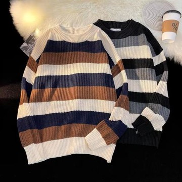 條紋毛衣男韓版潮流寬松休閑拼色圓領毛線衣秋冬慵懶風針織衫外套