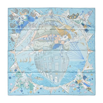 Hermes 愛馬仕 Hermès Flagship 90 cm手工捲邊斜紋真絲方巾（天空藍/灰綠/玫瑰）_廠商直送