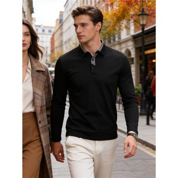 翻領t恤男長袖純棉修身 潮流襯衫領體恤衫秋季上衣雙絲光棉polo衫