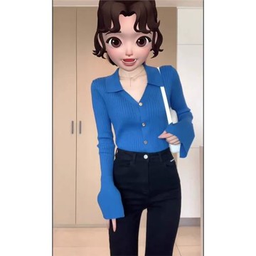 克萊因藍v領翻領針織開衫女秋冬新款毛衣內搭打底衫修身長袖上衣