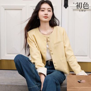 初色 法式小香風純色圓領蕾絲袖口單排釦口袋短款長袖外套女外套-黃色-15210(M-2XL可選)