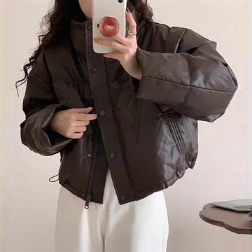 【米蘭精品】真羽絨90%鴨絨羽絨外套夾克-立領寬鬆PU皮短款白鴨絨服女夾克6色74jx6