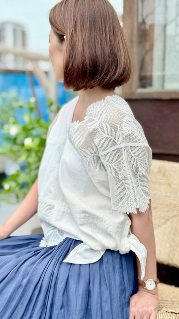 獨一無二白色純棉浪漫花朵蕾絲不對稱側打結四角衣四方衣