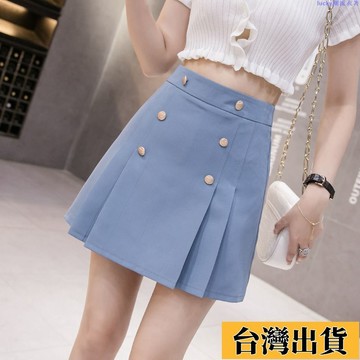 🌷新店優惠🌷【小黑裙】夏季新款高腰A字短裙韓版小衆排扣百褶裙防走光半身裙女包臀裙女