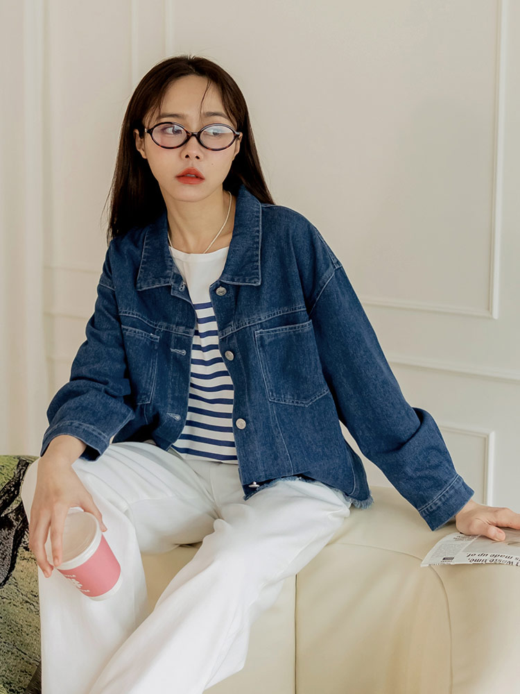 純棉寬版俐落剪裁抽鬚牛仔外套