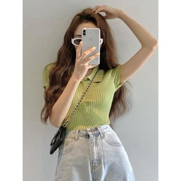 綠色針織衫女夏小香風緊身顯瘦上衣v領短款氣質短袖百搭打底t恤