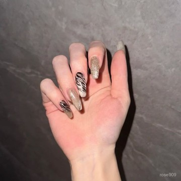 ✨Hannah✨穿戴甲歐美甜酷辣妹美甲貓眼手繪斑馬紋顯白高級感長款可拆卸美甲純手工穿戴甲 VT2N