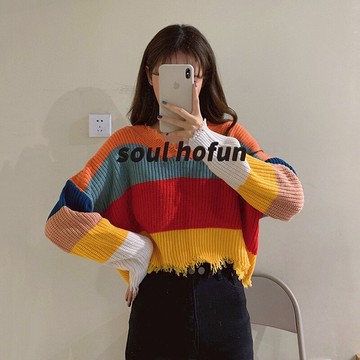 彩虹條紋V領毛衣女秋季2019新款韓版chic毛邊學生寬松短款針織衫