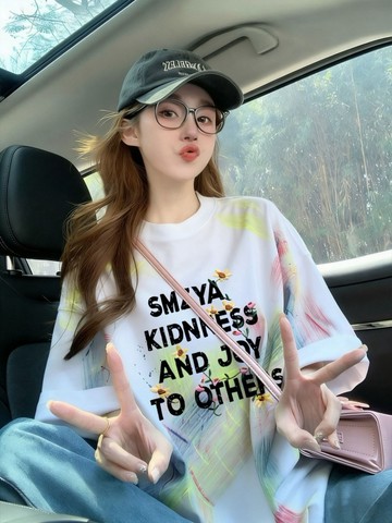 純棉潮酷洋氣字母印花寬鬆T卹女新中式拼色紮染中長款遮肚子上衣 AJ478