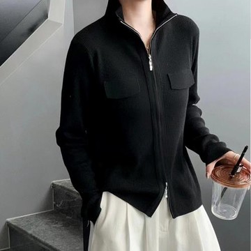 1號一號雙拉鏈口袋蓋立領針織開衫秋季女裝顯瘦翻領純色毛衣外套