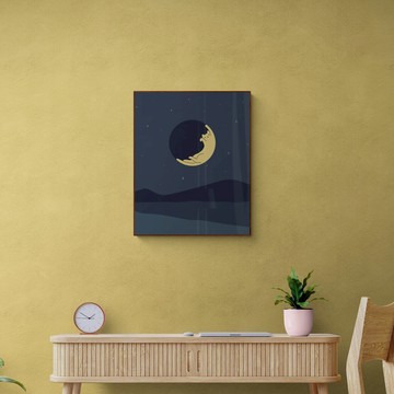 藝術掛畫｜ilovedoodles｜貓咪地景-頑皮的貓咪月亮 - 霧金色鋁框