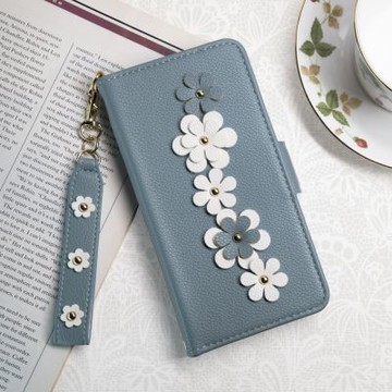 Aguchi 亞古奇 Samsung Galaxy S25 Ultra (6.9吋) 花語 鉚釘立體花朵手機皮套 頂級柔軟皮革 附皮質璀璨吊飾 - 蔚藍