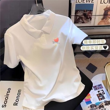 2024夏季翻領正肩鈕扣Polo衫短袖T恤女白色修身上衣別致夏季
