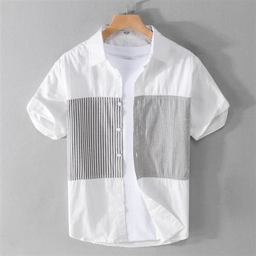 【巴黎精品】襯衫短袖上衣-條紋拼接寬鬆帥氣簡約清新男裝2色a1bu117