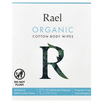 Rael, 有機棉身體溼巾，無香，10 片獨立包裝溼巾