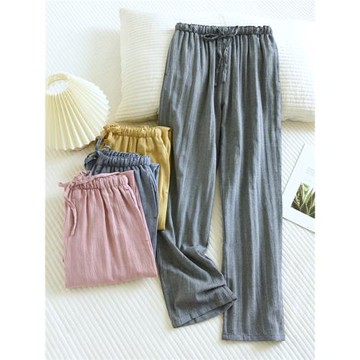 新款純棉水洗棉色織睡褲女春秋季寬松薄款長褲夏日系魚骨紋居家褲