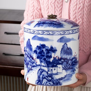 高檔青花陶瓷普洱餅茶葉罐茶缸家用特大號密封罐存儲物罐防潮茶盒