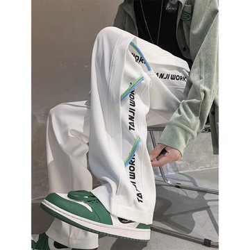 美式白色休閑褲子男潮牌設計感拼接直筒寬松百搭闊腿速干運動長褲