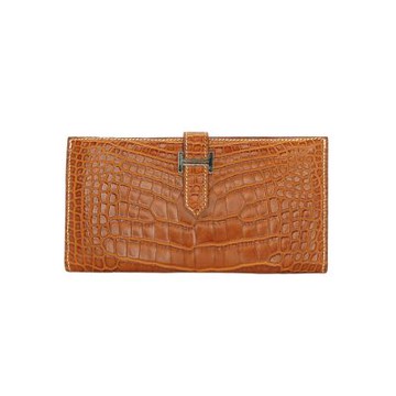 二手品 Hermes 愛馬仕 Bearn H 鱷魚皮銀釦長夾(咖)