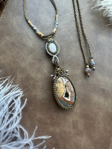 N1161 民族風 蠟線編織 白鐵礦瑪瑙  瘋狂瑪瑙 頸鏈 (可調長度)