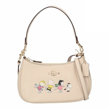 【COACH】史努比聯名款皮革肩斜背兩用彎月包-米白