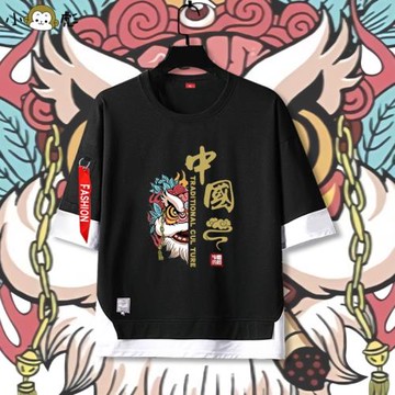 中國風醒獅國潮祥瑞祥云醒獅傳統拼接短袖T恤衫男女兒童裝5五分袖