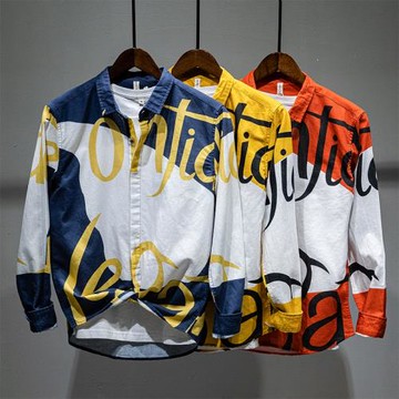 春秋男士長袖亞麻襯衫字母印花翻領工裝襯衣青年棉麻寸衫春夏上衣