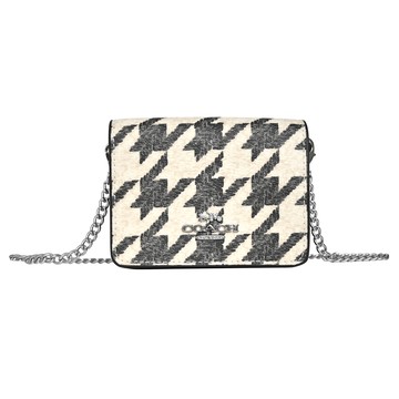 COACH黑白千鳥紋圖印鍊帶頸掛斜背方型卡夾零錢小廢包