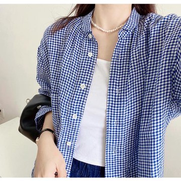 日系文藝范~成衣洗水色織亞麻 清爽藍色格紋小翻領休閑寬松襯衫