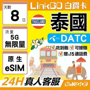 LINKGO白鑽卡 泰國原生 eSIM卡 DTAC 8天吃到飽不降速 高速流量(泰國網卡 曼谷 清邁 芭達雅)