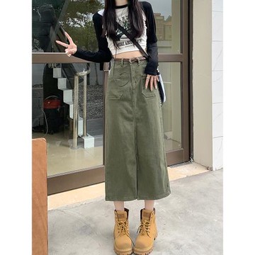 軍綠色工裝長裙秋季女大碼高腰胖mm直筒裙牛仔a字半身裙開叉長裙