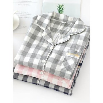 日系簡約格子精梳純棉紗布睡衣男士女春秋夏季長袖情侶家居服套裝