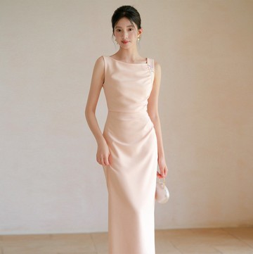 【香檳粉】新中式復古中國風 收腰捏褶/輕禮服長裙