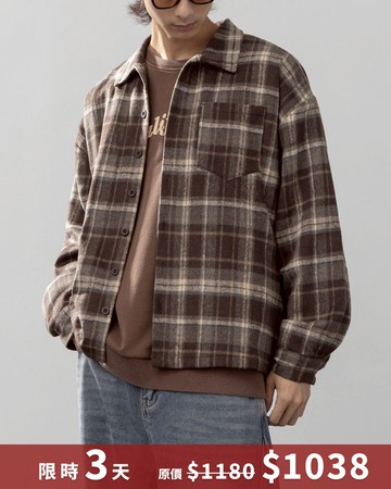 男裝 復古格紋磨毛襯衫外套-咖啡 M/L/XL