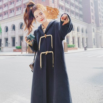 毛呢外套長版大衣-連帽學院風牛角扣修身女外套74dk22【獨家進口】【米蘭精品】