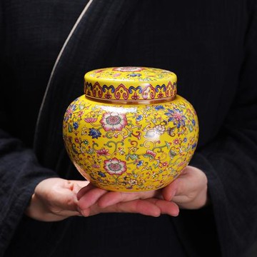 高檔精致琺瑯彩茶葉罐浮雕陶瓷罐密封家用儲物瓷防潮創意茶葉包裝