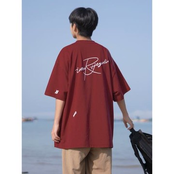 日系cityboy酒紅色t恤男青少年初中生純棉短袖夏季寬松半截袖體恤